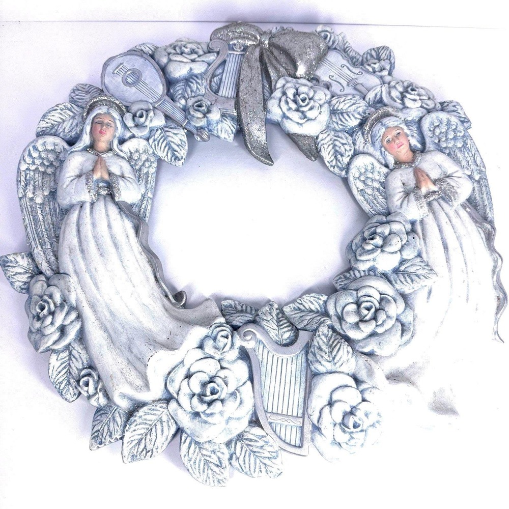 Large‎ Praying Angel Wreath Wall Plaque Blue Roses Harp Religious Decor 15"
